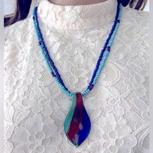 Handmade Double Strand Glass Beaded Necklace with Murano Glass Pendant